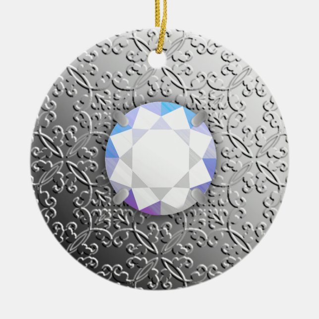 Silver Damask with a faux diamond gemstone Ceramic Tree Decoration (Front)