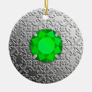 Silver Damask with a faux emerald gemstone Ceramic Tree Decoration