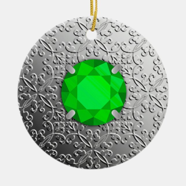 Silver Damask with a faux emerald gemstone Ceramic Tree Decoration (Front)