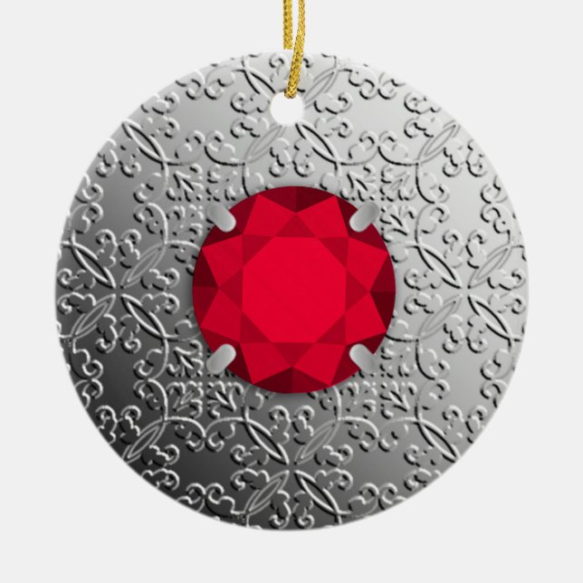 Silver Damask with a faux garnet gemstone Ceramic Tree Decoration (Front)