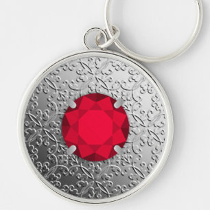 Silver Damask with a faux garnet gemstone Key Ring