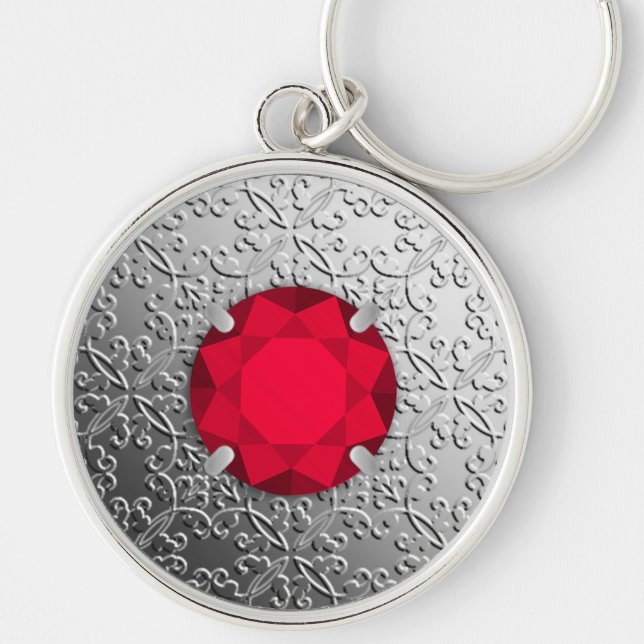 Silver Damask with a faux garnet gemstone Key Ring (Front)
