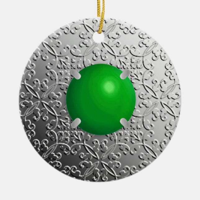 Silver Damask with a faux jade gemstone Ceramic Tree Decoration (Front)