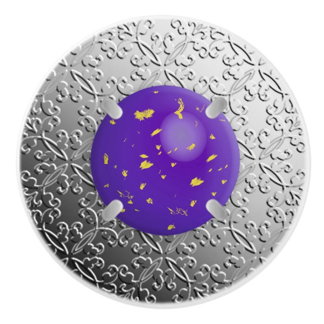 Silver Damask with a faux lapis lazuli gemstone Ceramic Knob (Front)