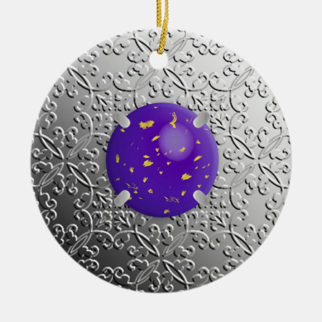 Silver Damask with a faux lapis lazuli gemstone Ceramic Tree Decoration (Front)