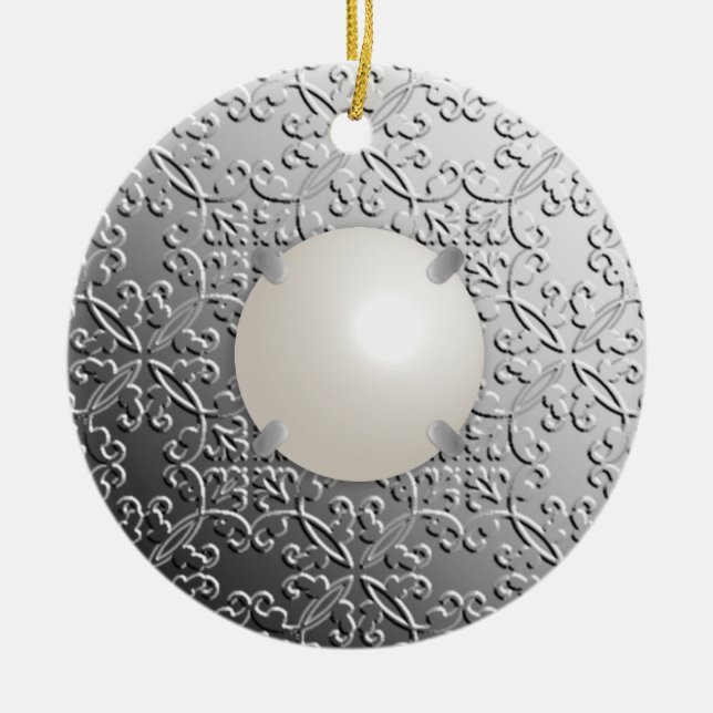 Silver Damask with a faux mabe pearl Ceramic Tree Decoration (Front)