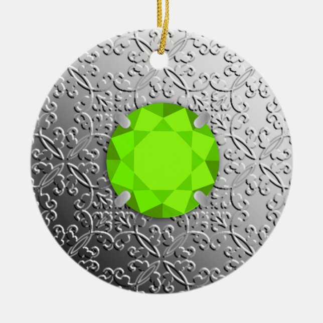 Silver Damask with a faux peridot gemstone Ceramic Tree Decoration (Front)