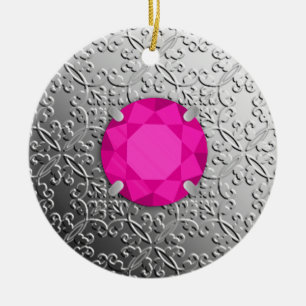 Silver Damask with a faux pink tourmaline gem Ceramic Tree Decoration