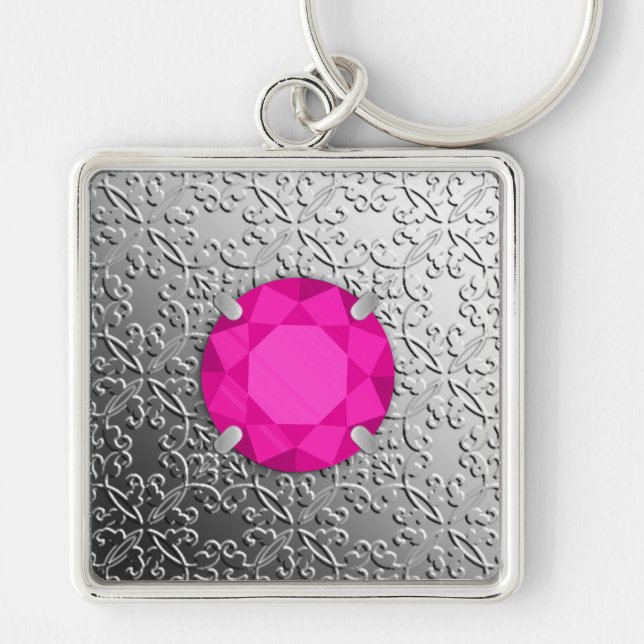 Silver Damask with a faux pink tourmaline gem Key Ring (Front)