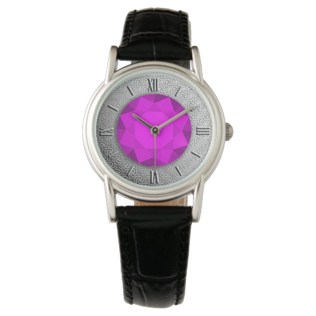 Silver Damask with a faux purple amethyst gem Watch (Front)