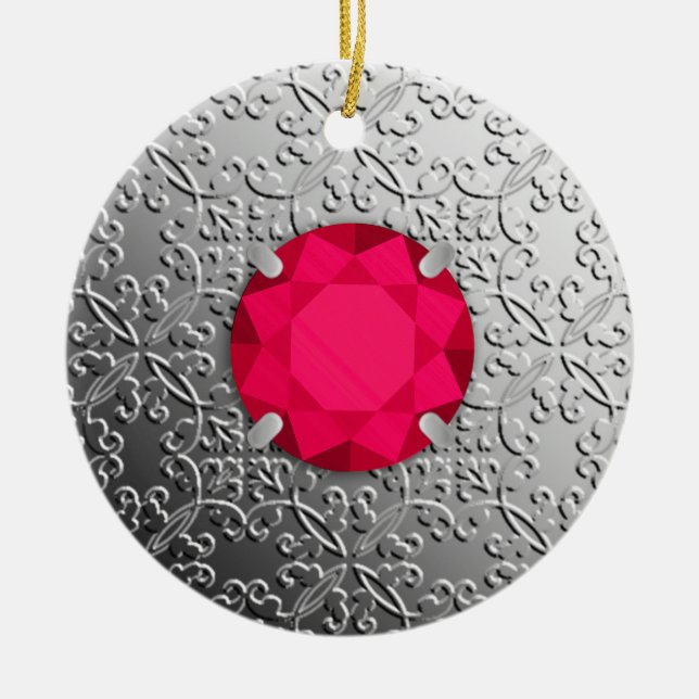 Silver Damask with a faux ruby gemstone Ceramic Tree Decoration (Front)