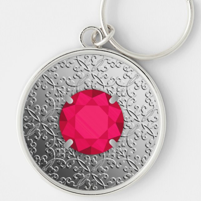Silver Damask with a faux ruby gemstone Key Ring (Front)
