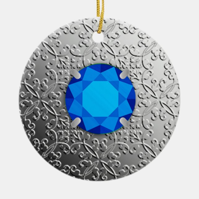 Silver Damask with a faux sapphire gemstone Ceramic Tree Decoration (Front)