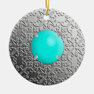 Silver Damask with a faux turquoise gemstone Ceramic Tree Decoration