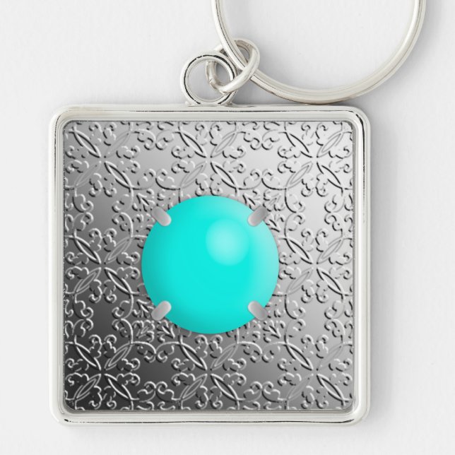 Silver Damask with a faux turquoise gemstone Key Ring (Front)