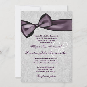 Silver Damask with Deep Purple Bow Wedding V2 Invitation