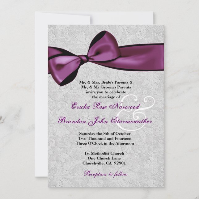 Silver Damask with Plum Purple Printed Bow Wedding Invitation (Front)
