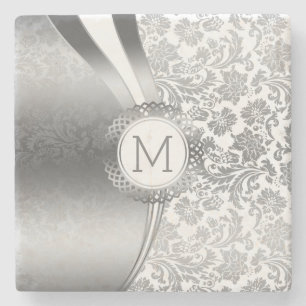Silver Damasks & Modern Geometric Shape Stone Coaster