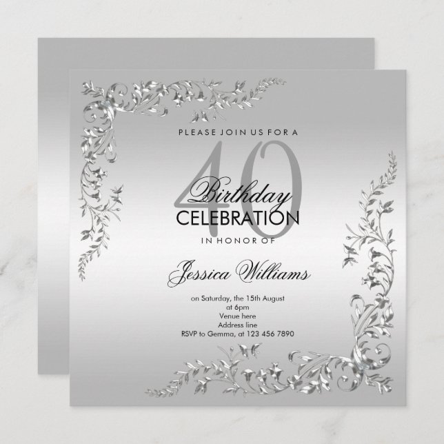 Silver Decoration 40th Birthday Party Invitation (Front/Back)