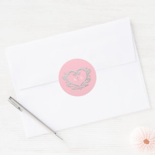 Silver decorative heart monogram pink wedding classic round sticker