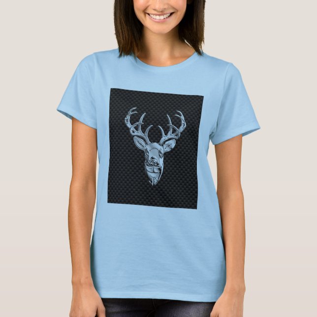 Silver Deer Buck on Carbon Fibre Style Decor T-Shirt (Front)