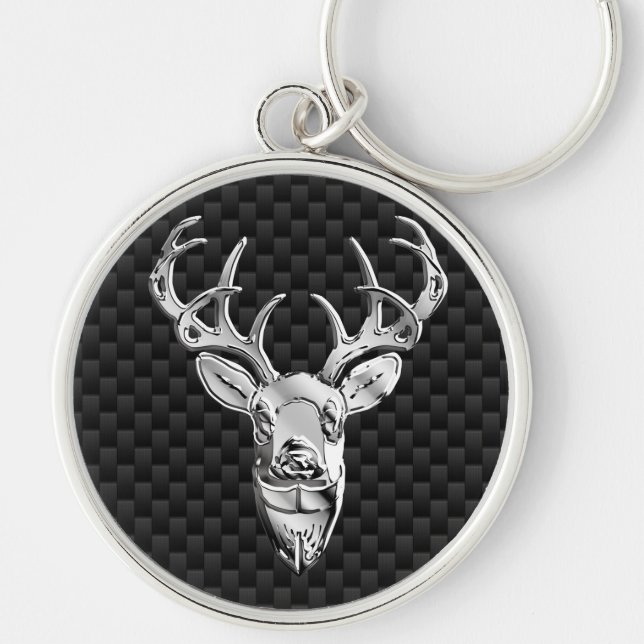 Silver Deer Decor on Carbon Fibre Style Print Key Ring (Front)