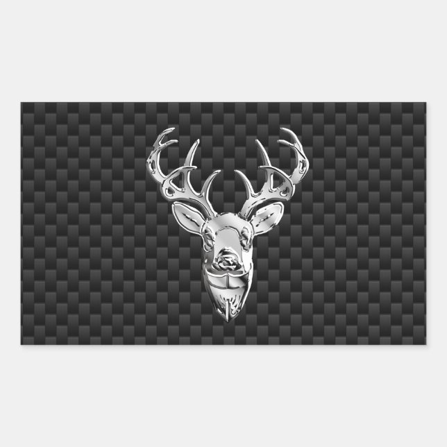 Silver Deer Face on Carbon Fiber Style Print Rectangular Sticker (Front)