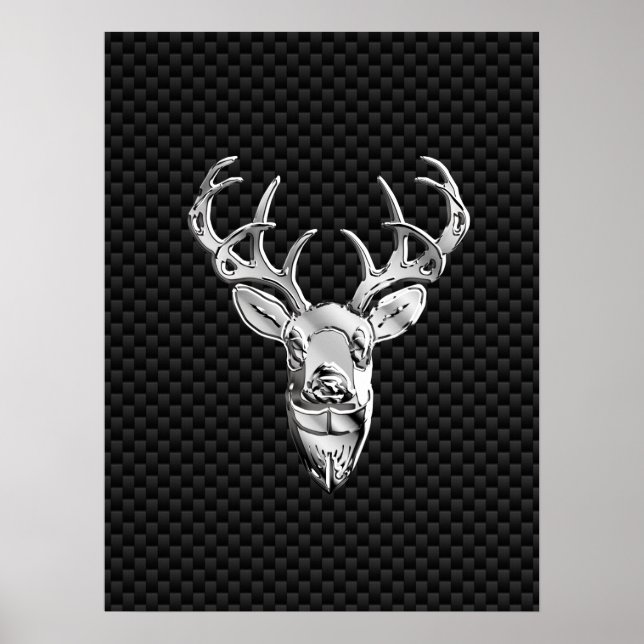 Silver Deer Face on Carbon Fibre Style Print (Front)