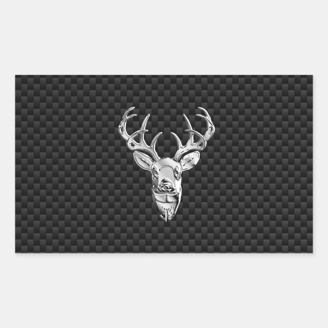 Silver Deer Head on Carbon Fibre Style Decor Rectangular Sticker (Front)