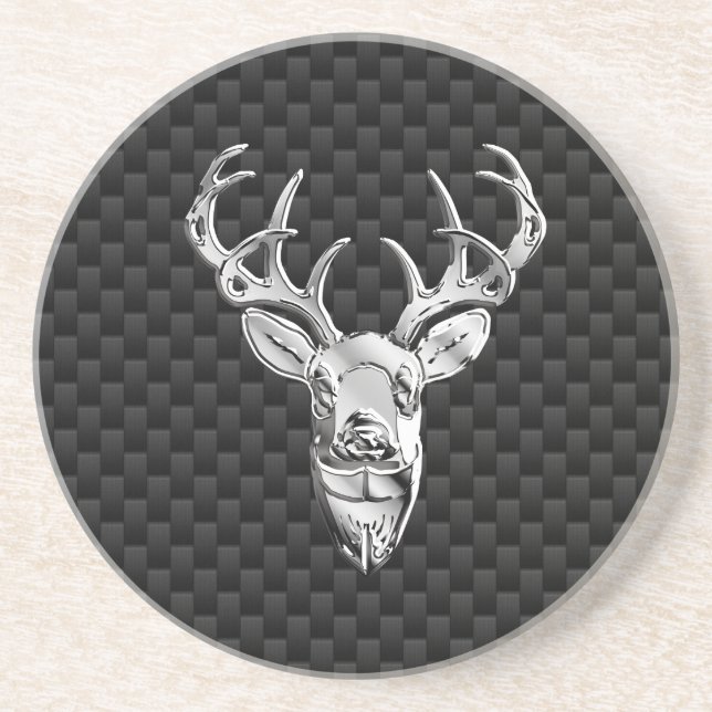 Silver Deer on Black Carbon Fibre Style Print Coaster (Front)