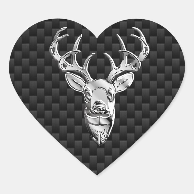 Silver Deer on Black Carbon Fibre Style Print Heart Sticker (Front)