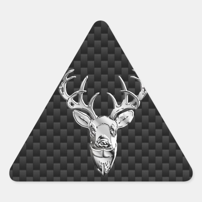 Silver Deer on Black Carbon Fibre Style Print Triangle Sticker (Front)