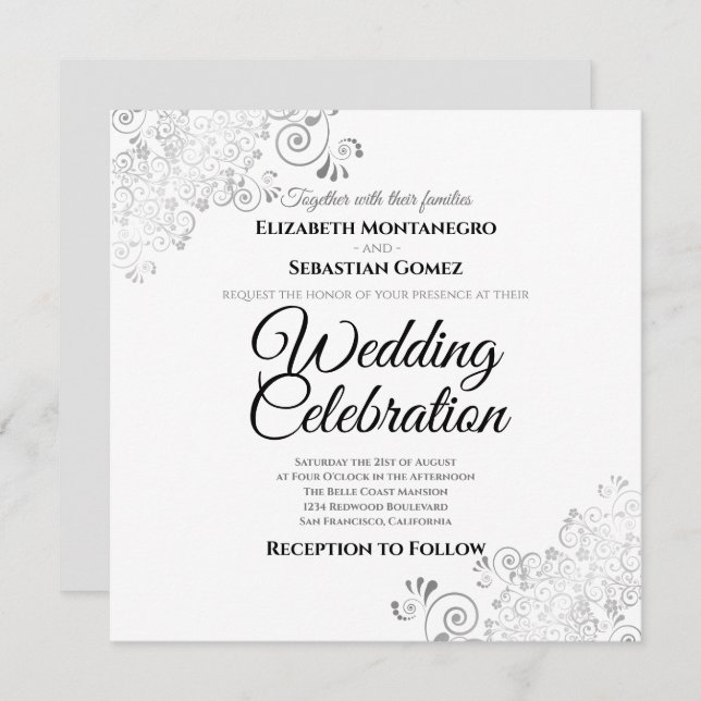 Silver Delicate Filigree Elegant Square Wedding Invitation (Front/Back)