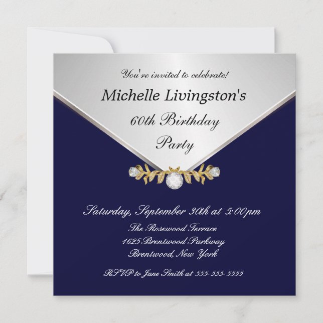 Silver Diamond Brooch Navy Blue Womens Invitations (Front)