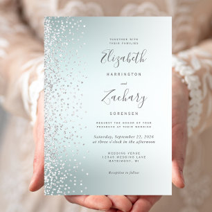 Silver Diamond Confetti Aqua Ombre Wedding Invitation