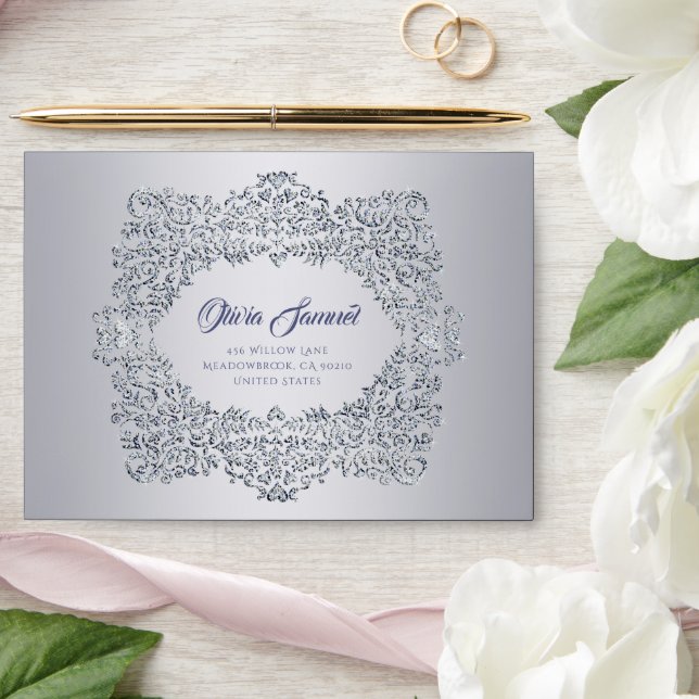 Silver Diamond Damask Wedding Envelope (Wedding)