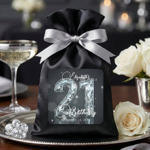 Silver Diamond Glamour Black 21st Birthday Party Square Sticker