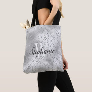 Silver Diamond Glitter Confetti Pattern Monogram Tote Bag