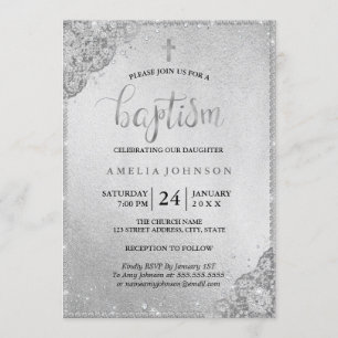 Silver Diamond Lace Cross Baptism Invitation