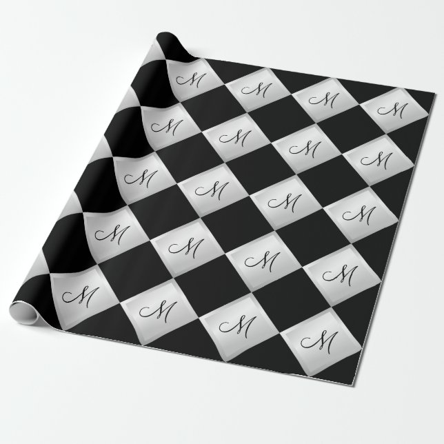 Silver Diamond Pattern Monogram Wrapping Paper (Unrolled)