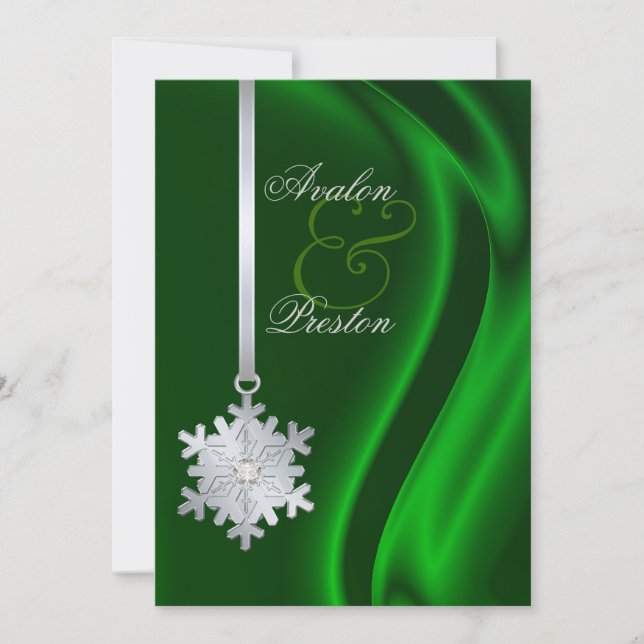 Silver Diamond Snowflake Green Silk Invitation (Front)