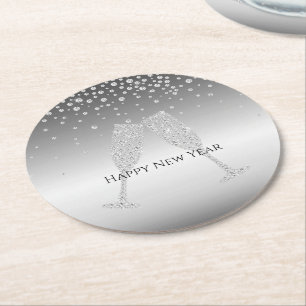Silver Diamond Sparkle Champagne Glass New Year's Round Paper Coaster