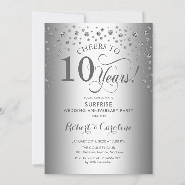 Silver Diamond Surprise 10th Anniversary Party Invitation (Front)