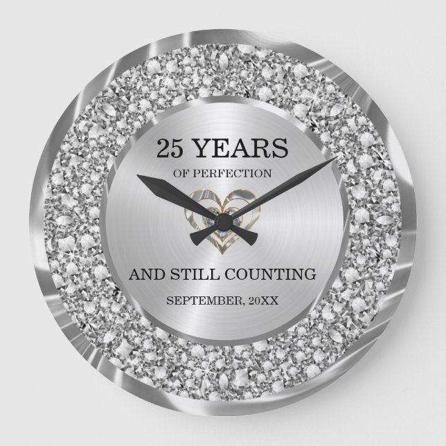Silver Diamonds 25th Wedding Anniversary Large   Clock (Front)