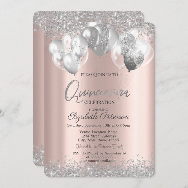  Silver Diamonds Balloons Rose Gold Quinceañera Invitation (Front/Back)