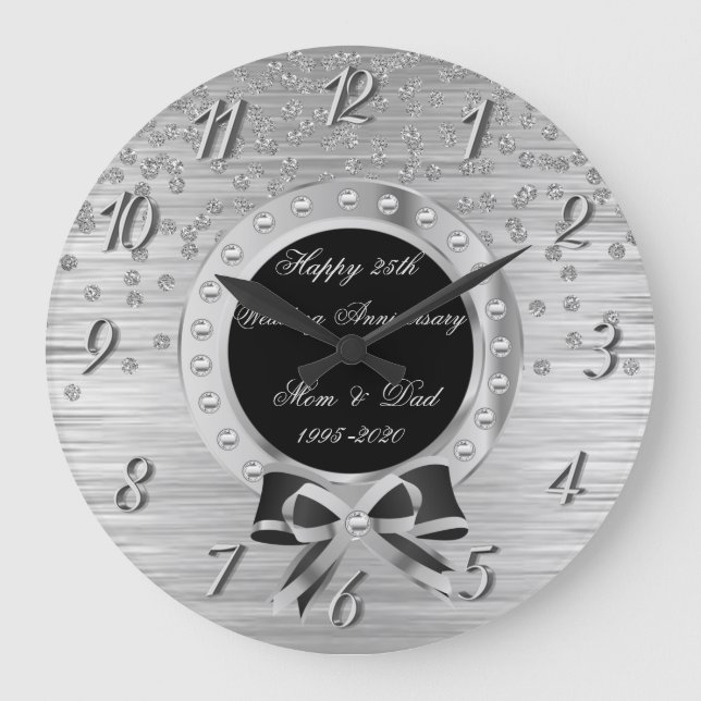Silver Diamonds Bow 25th Wedding Anniversary Large Clock (Front)