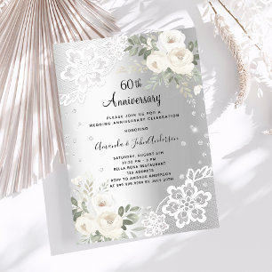Silver diamonds florals 60th wedding anniversary invitation