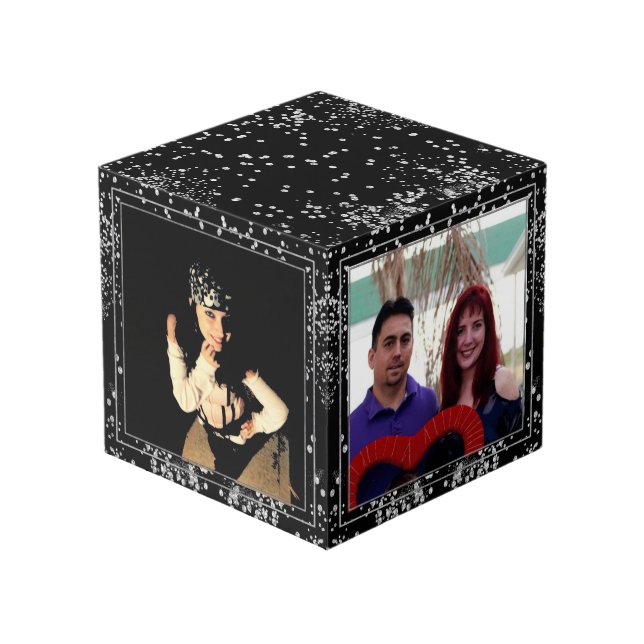 Silver Diamonds Glitter Black Personalised Custom Cube (Front Angled)