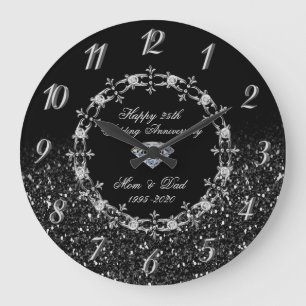 Silver Diamonds Glittery 25th Wedding Anniversary Large Clock