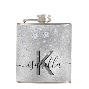 Silver diamonds monogram name script hip flask